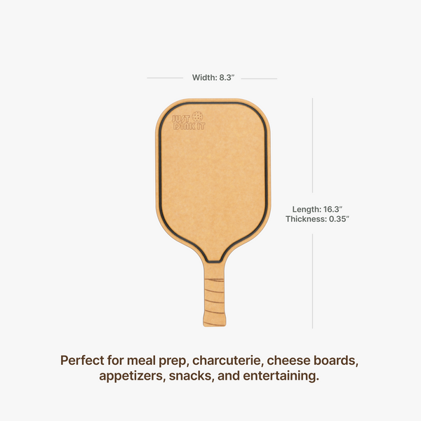 Elihome pickleball paddle cutting board engraved with Just Dink It, measuring 16.3 by 8.3 by 0.35 inches