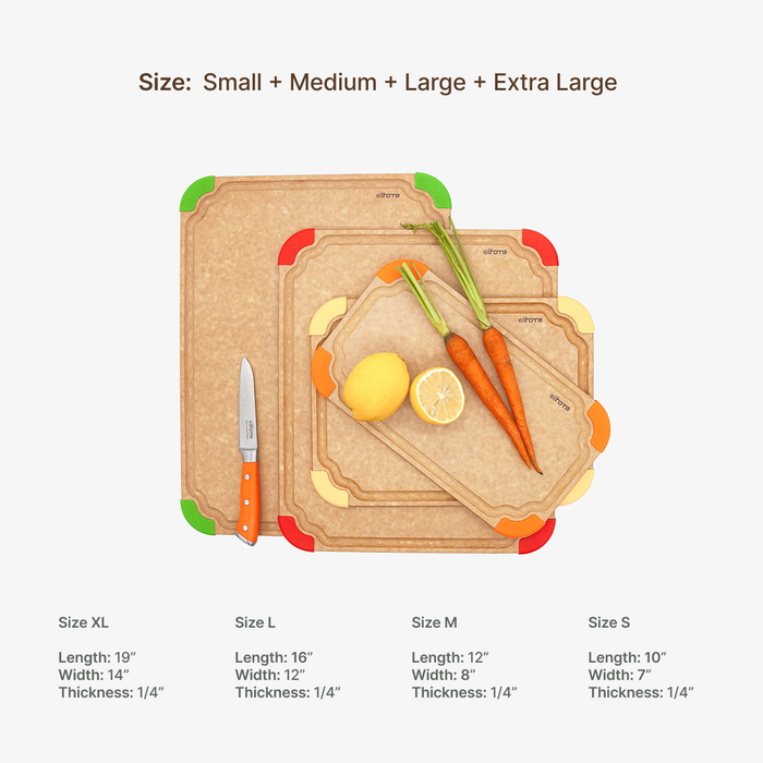 Elihome Premium Series 4 Piece Cutting Board Set dimensions - Small 10" x 7", Medium 13" x 10", Large 16" x 12", Extra Large 19" x 14"