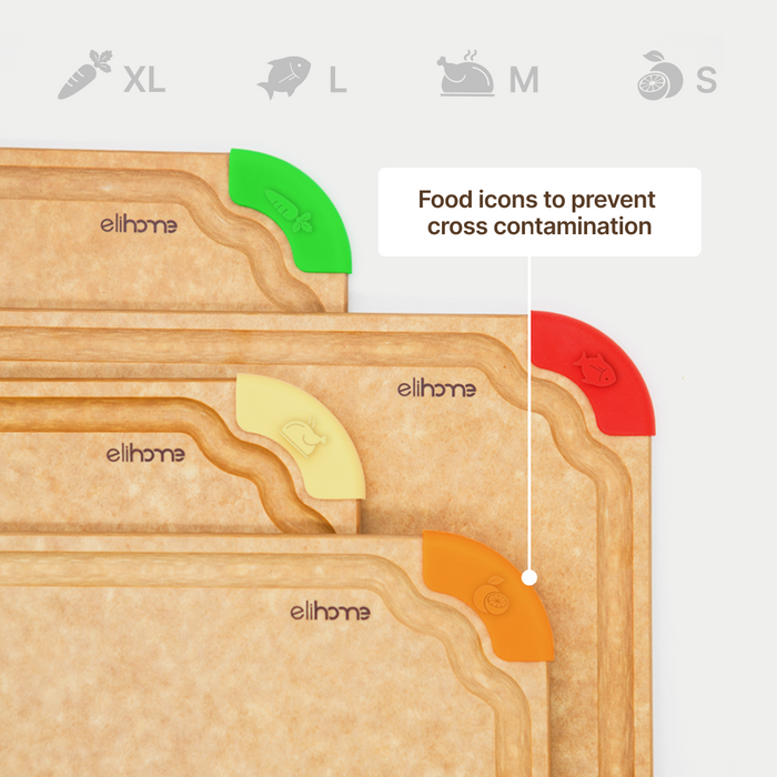 Color-coded corners with food icons to prevent cross contamination on Elihome Premium Series cutting boards