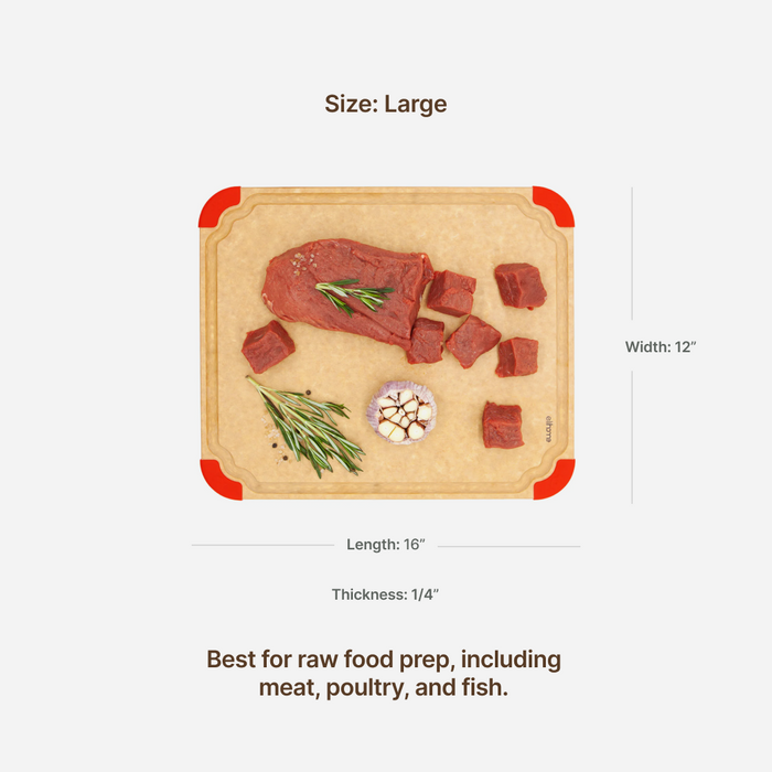 Elihome Premium Series Large Cutting Board dimensions - 16" x 12" x 1/4" - best for raw food prep including meat, poultry, and fish