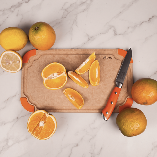 Sliced oranges on Elihome Premium Series Small Cutting Board with orange non-slip corners