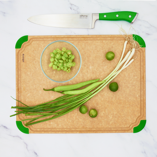 Fresh green vegetables on Elihome Premium Series X-Large Cutting Board with green non-slip corners