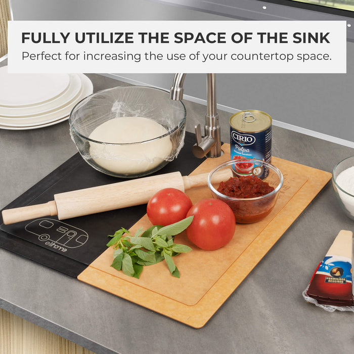 Elihome custom RV sink cover and cutting board placed over a sink to maximize workspace, shown preparing pizza dough and ingredients. Text reads: "Fully utilize the space of the sink. Perfect for increasing the use of your countertop space."