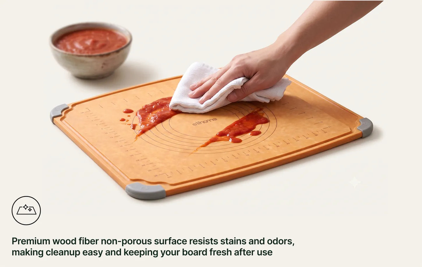 Premium wood fiber non-porous surface resists stains and odors, making cleanup easy and keeping your board fresh after use