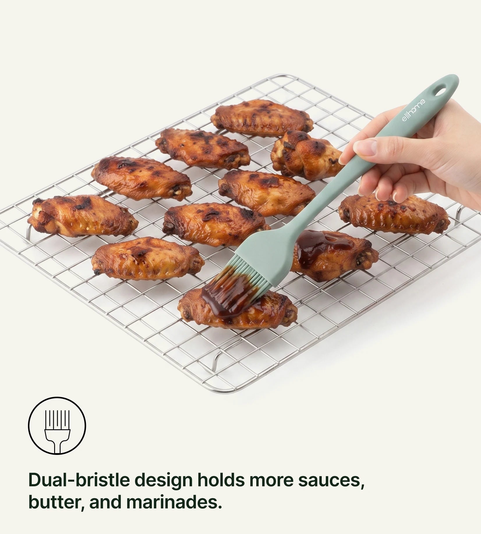 Dual-bristle design holds more sauces, butter and marinades.