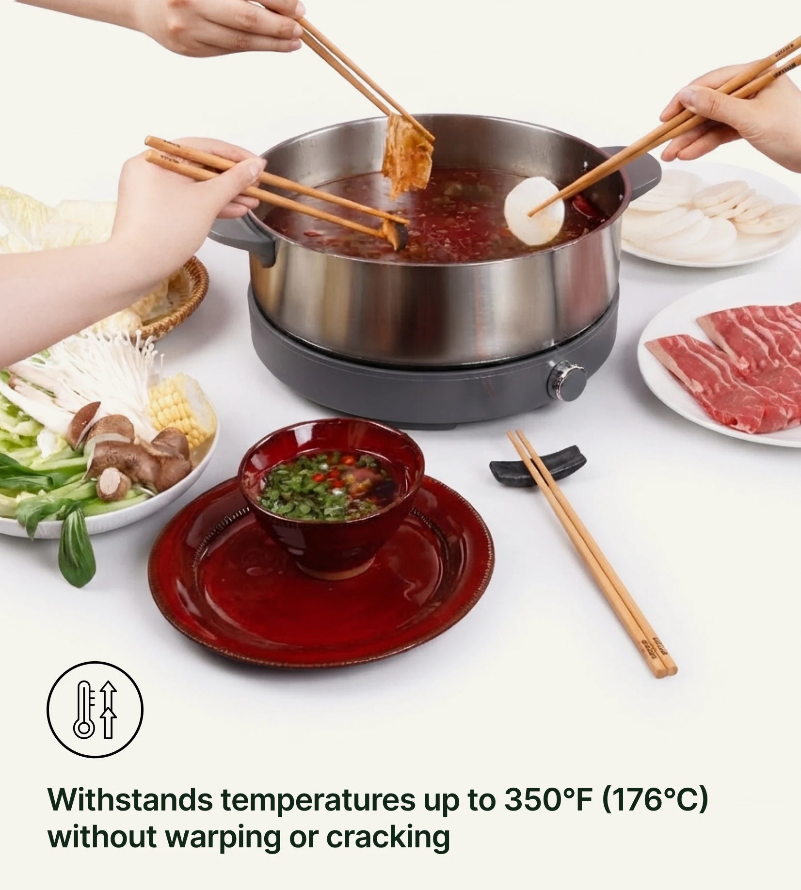 Withstands temperatures up to 350 degrees Fahrenheit, 176 degrees Celsius, without warping or cracking.