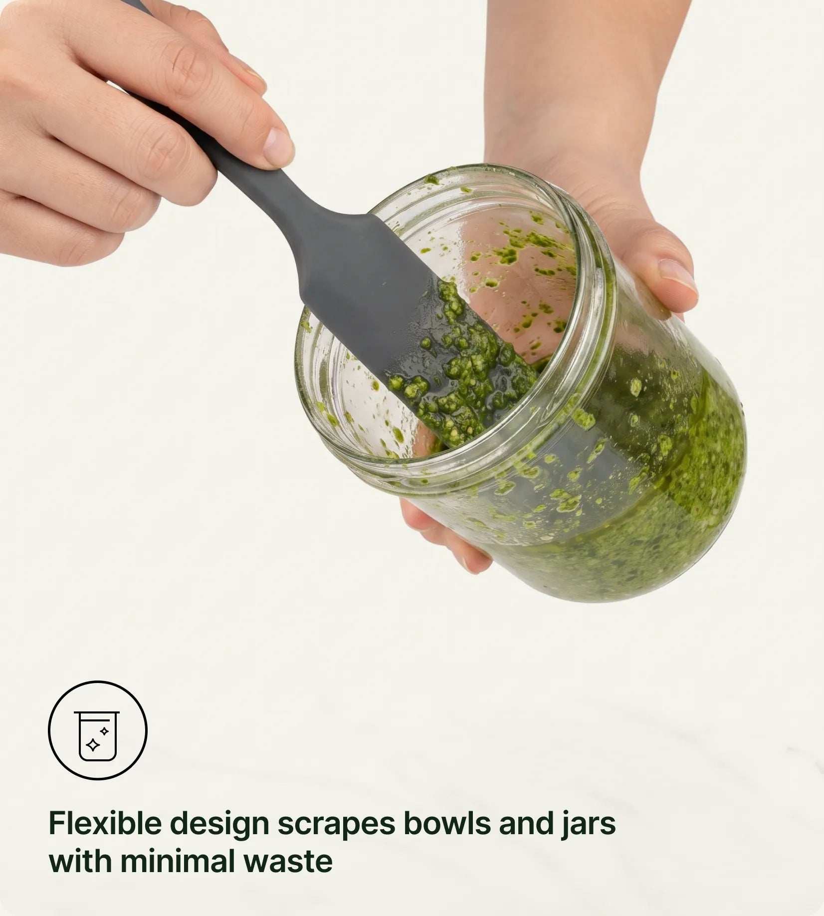 Flexible design scrapes bowls and jars with minimal waste.