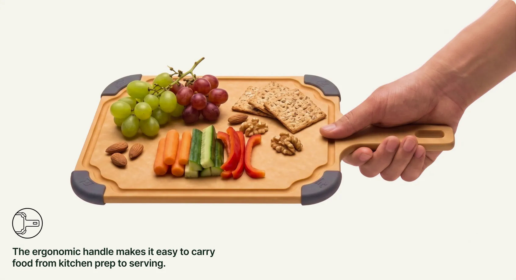 The ergonomic handle makes it easy to carry food from kitchen prep to serving