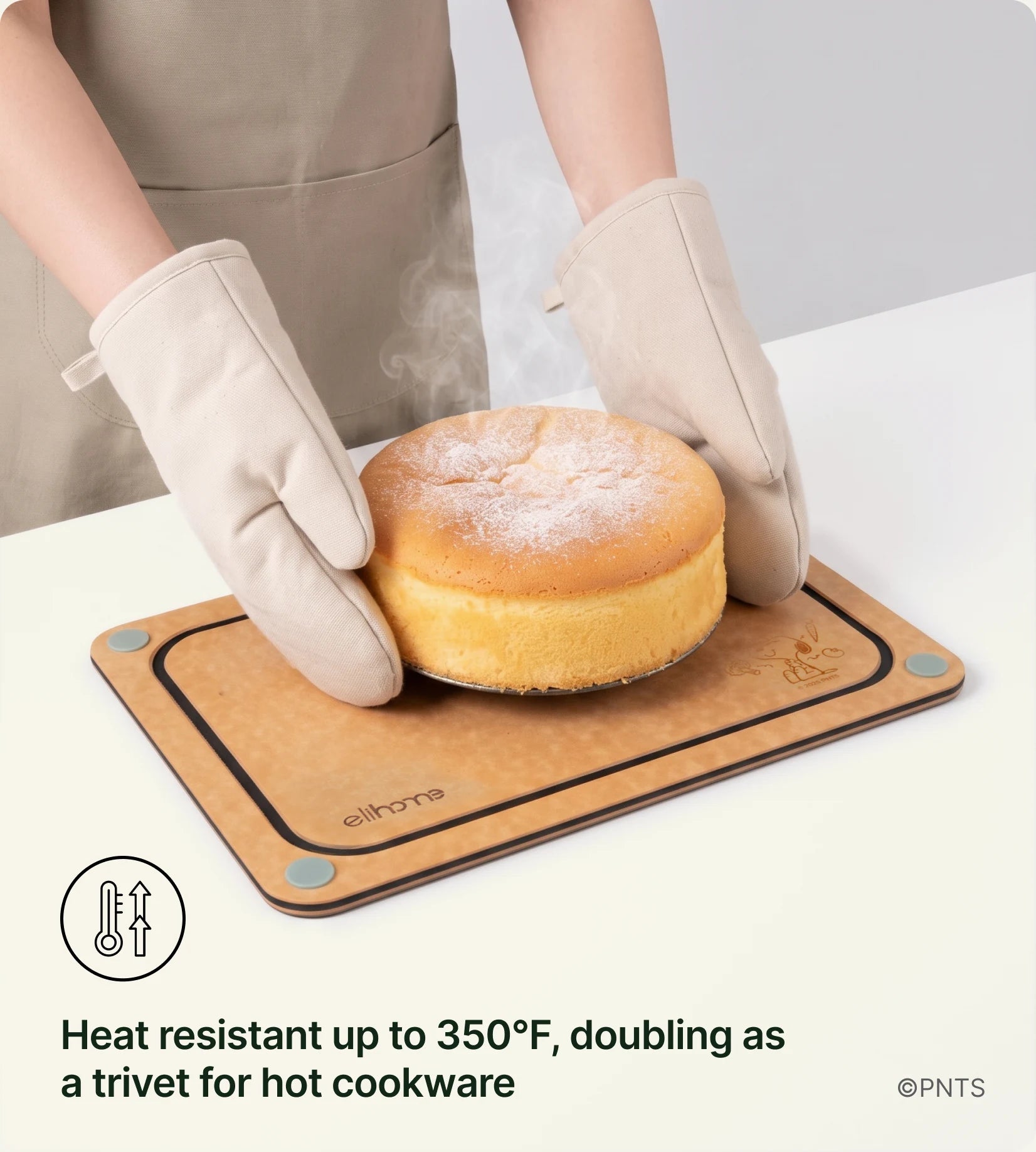 Heat resistant up to 350°F, doubling as a trivet for hot cookware