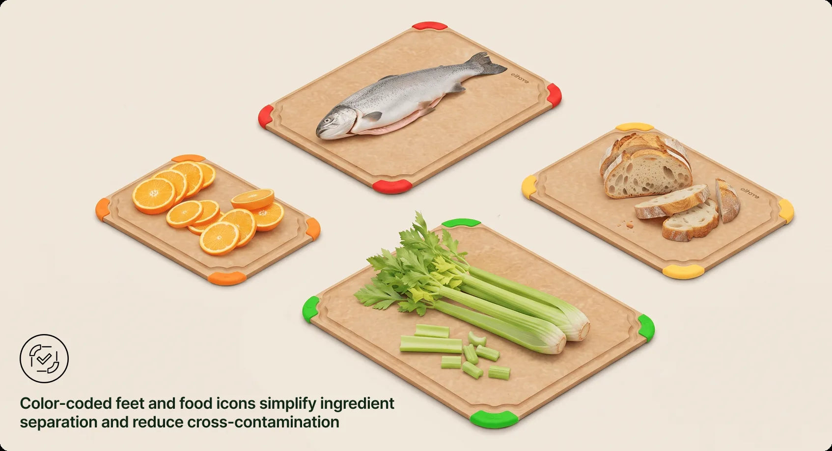 Color-coded feet and food icons simplify ingredient separation and reduce cross-contamination